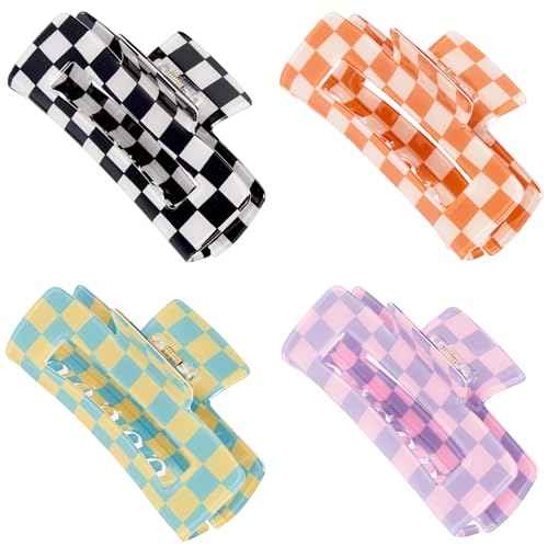 Checkered Rectangle Hair Claw Clips, Large Acrylic Multicolored Square Checker Barrettes for Thin Thick Hair Cute Non Slip Hair Jaw Clips Strong Hold Rectangle Claw Clamps for Women Ladies (4 Pack)