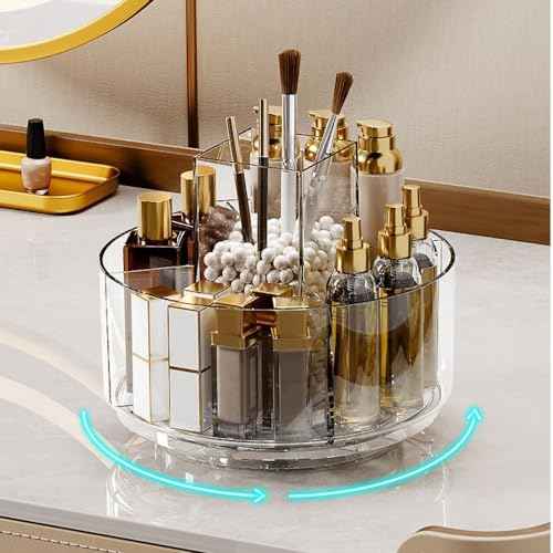 LINFIDITE 360 Rotating Makeup Organizer Clear Cosmetic Storage Holder Tray with 6 Compartment Makeup Brush Lip Gloss Organizer Case for Bathroom Cabinet Vanity Desktop