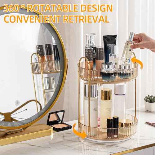 Makeup Organizer for Vanity, 360¡Æ Rotating Bathroom Organizer Countertop, High-Capacity Skincare Organizer, Spinning Cosmetics Organizer for Dresser Countertop (2 Tiers, Amber)