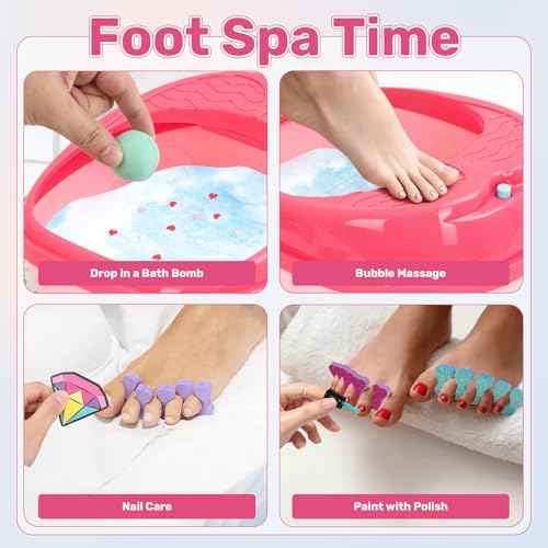 Kids Foot Spa with Nail Kit for Girls 4-12, All-in-1 Kids Pedicure Foot Spa Day Salon Toy Kit with Colorful Lights & Nail Art, Party Birthday for Girl?s