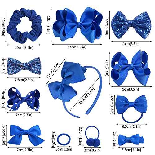 Girls School Hair Accessories - Blue Bow Clips, Elastic Hair Bands, Headband, Ribbon Barrettes for Toddlers, Kids Christmas Birthday Gift