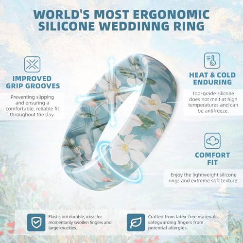 Egnaro Women's Silicone Statement Rings, 5.2mm Wide 2mm Thick Rubber Printed Floral Wedding Bands For Her Size 4-12