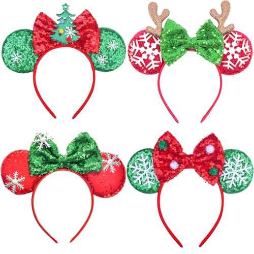 Christmas Headband Mouse Ears Bow Headbands,Sequin Snowflakes Christmas Tree Elk Headbands Hair Accessories for Christmas Cosplay Party Favors(4 PCS)