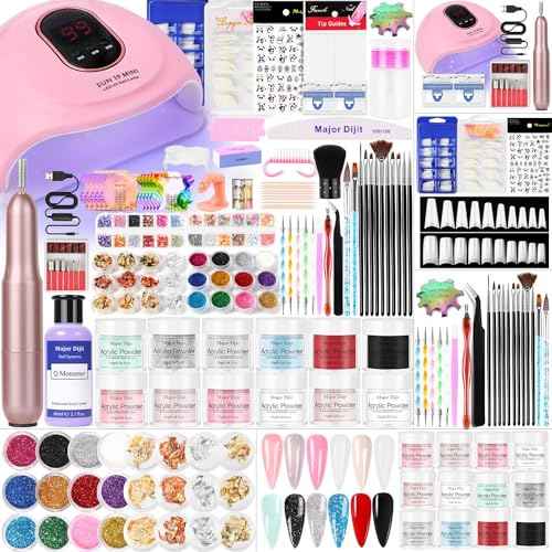 Major Dijit Acrylic Nail Kit with Nail Lamp, 0.35 oz White Clear Pink Black and More 12 Colors Acrylic Powder and Liquid Kit, Electric Nail Drill, Glitter, Nail Art Brushes,Nail Kit for Beginners