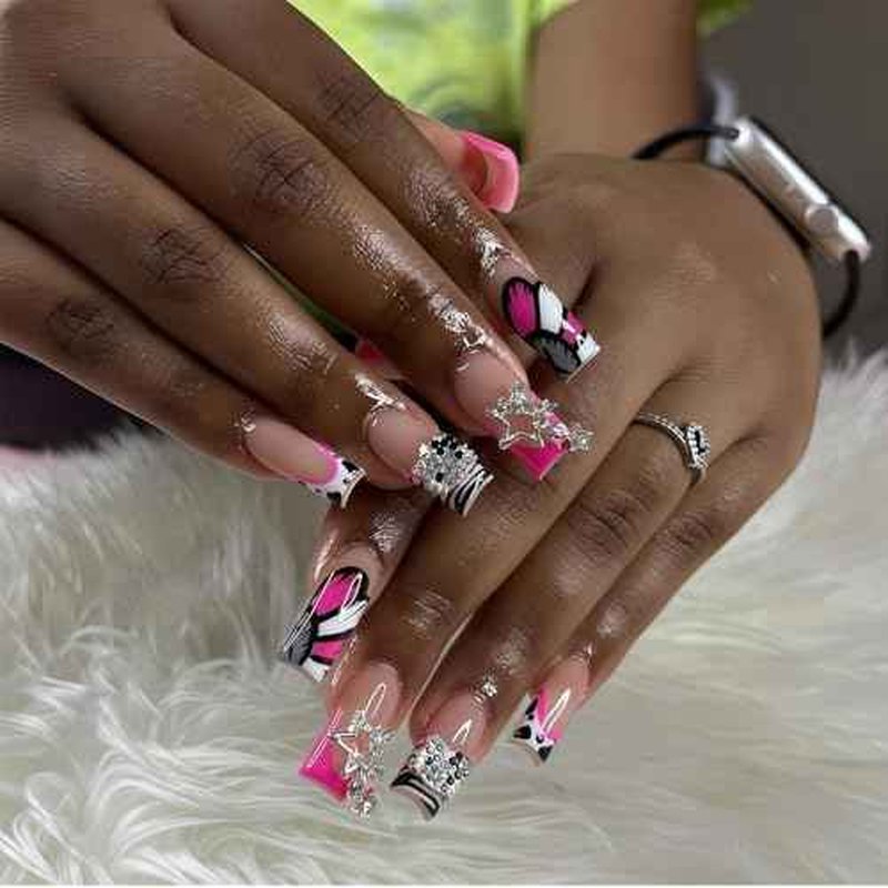 100 pcs 3D Sliver Nail Charms Y2K Cute Nail Charms Set with Kity, Butterfly, Bow, Star, Heart,Cross for Nail Art Decoration Y2K