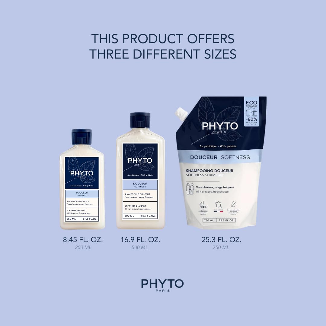 PHYTO Softness Gentle Family Shampoo - Prebiotic Complex | Scalp-Respecting Daily Cleanser for All Hair Types | Sulfate- & Silicone-Free | Softening & Detangling | Floral Scent | 25.3 fl oz