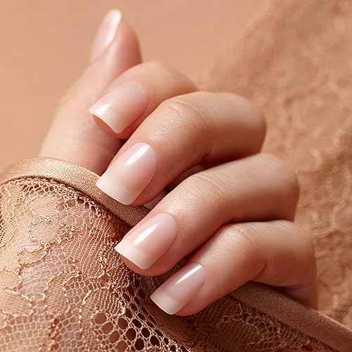 KISS Salon Acrylic Nude French Tip Press On Nails Short, ¡®Breathtaking¡¯, Beige, Squoval, Includes 28 Fake Nails, Nail Glue 2g, 1 Manicure Stick, 1 Mini File