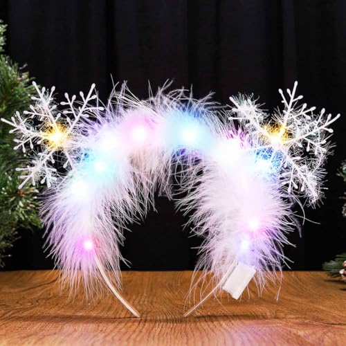 GORTIN Light Up Snowflake Headbands LED Christmas Headband Feather Xmas Headpiece Holiday Hair Accessory for Women and Girls