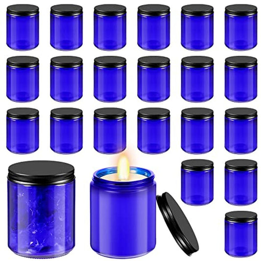 Lallisa 32 Pcs 8 oz Cobalt Blue Glass Jars with Black Metal Lids Round Small Cosmetic Jars Round Glass Containers for Apothecary Body Butter Herbs Spice and Food Storage