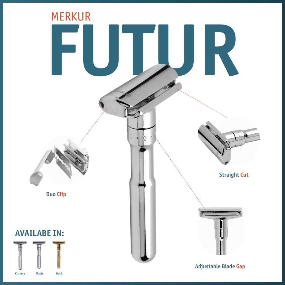 MERKUR FUTUR Adjustable Double Edge Safety Razor, Adjustable Razor With Dial, Made in Germany, Plastic-Free, Snap-On Cap Design, Straight Bar