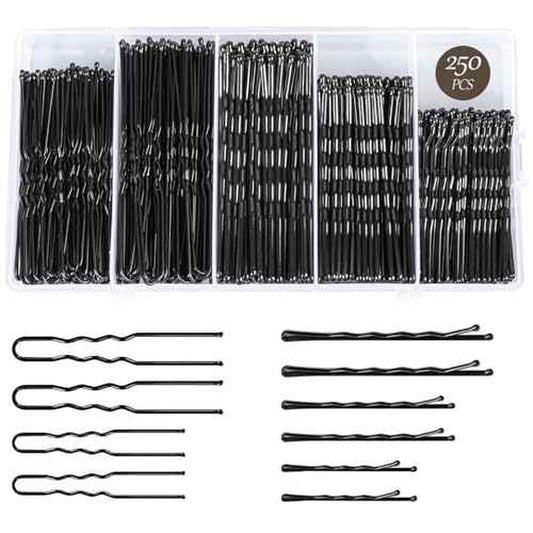 250PCS Hair Pins Bobby Pin Set, Assorted Sizes Wave Bobby Pins 2inch 2.36inch 2.75inch for All Hair Types + 2 Sizes U Shaped Hair Pins for Buns 2.36inch 2.75inch, Black for Girls Women
