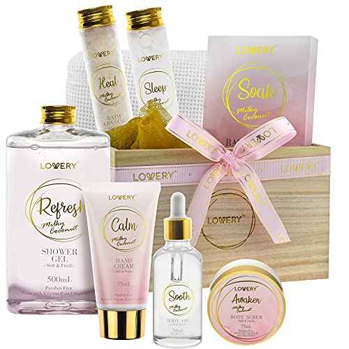 Luxury Bath Gift Set - Home Spa Gift Basket with Milky Coconut Scent, Vitamin E & Shea Butter with Shower Gel, Bath Salt & Crystals, Body Scrub, Hand Cream, Body Oil, Bath Pillow, Wooden Crate & More