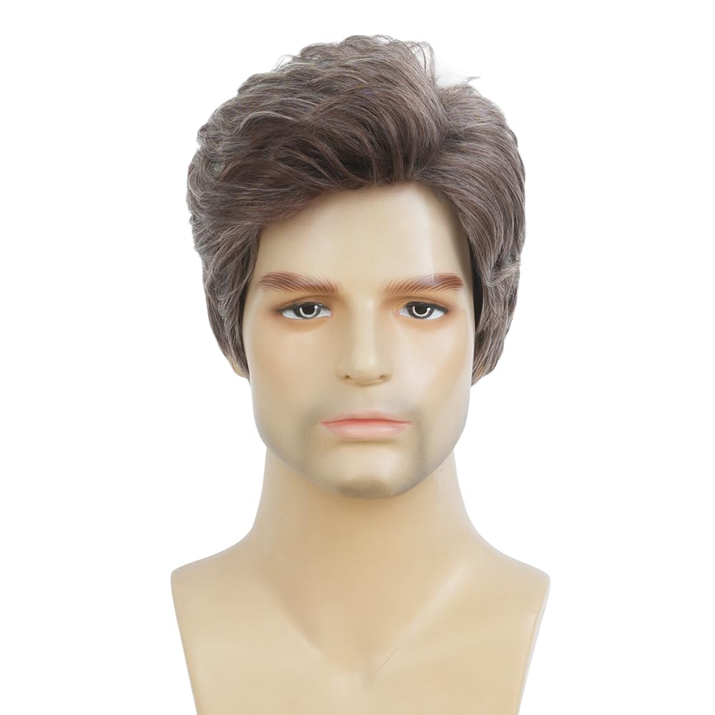 Salaibs Mens Grey Short Wig Natural Synthetic Heat Resistant Wig for Daily Party Use (Brown Mix Grey)