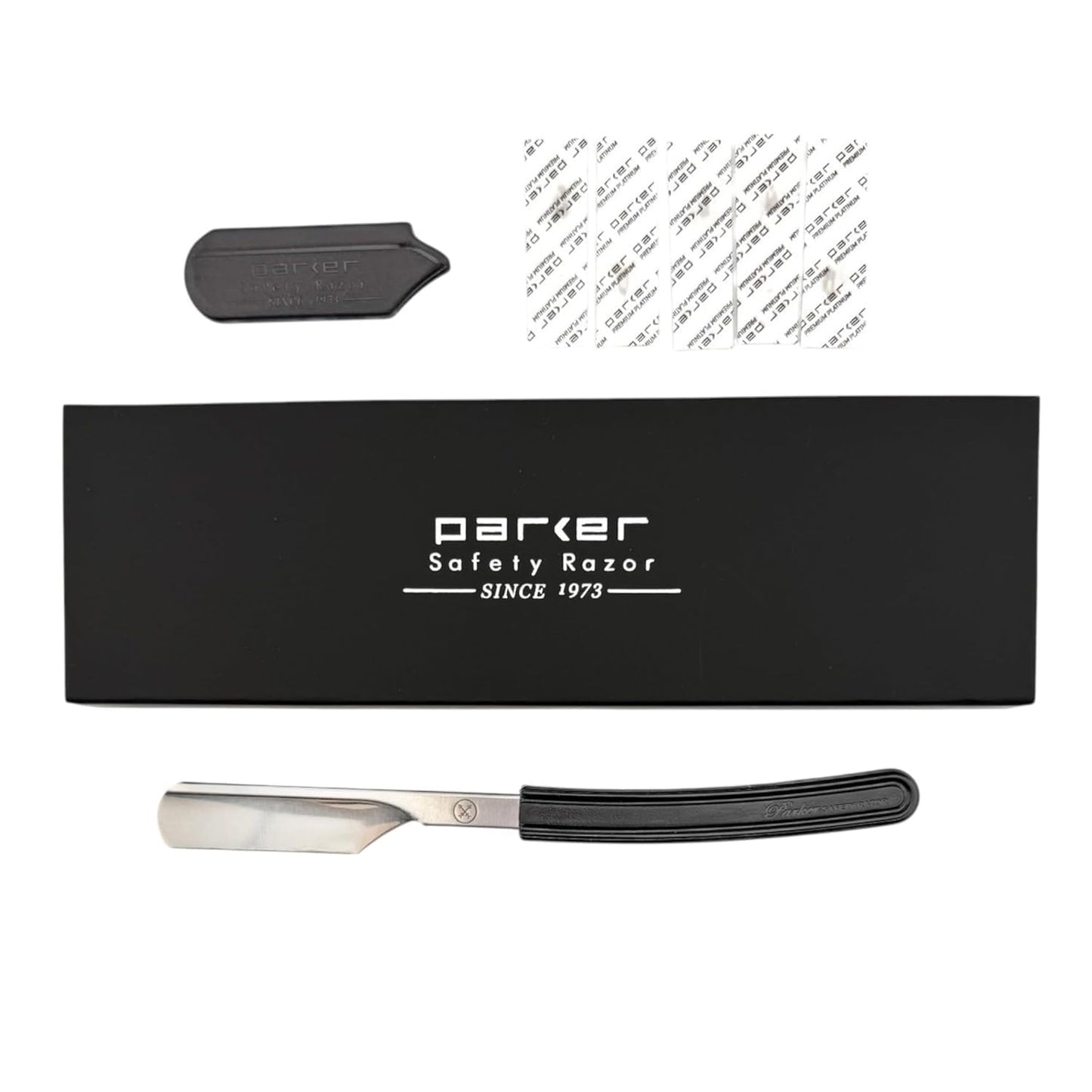 Parker Director Chrome Non-Folding Straight Barber Razor – Japanese-Style Shavette with Stainless Steel Arm, Ergonomic Black Handle & Blade Protector Cap – Ideal for Professionals - 5 Blades Included