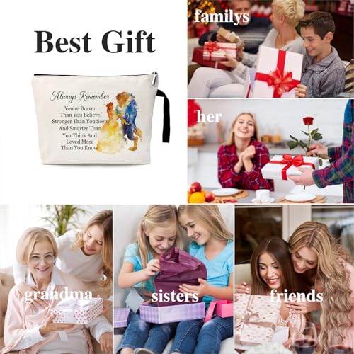 You Are Braver Stronger Funny Canvas Zipper Makeup Bag, Travel Accessories Storage Toiletries Bag, Beauty Beast Inspired Gifts, Gifts for Beauty Beast Movie Fans Daughter Sister Friend