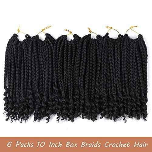 6 Packs Crochet Box Braids Curly Ends 10 Inch Crochet Braids Bohemian Box Braids Crochet Hair for Black Women (1B, 10 Inch)