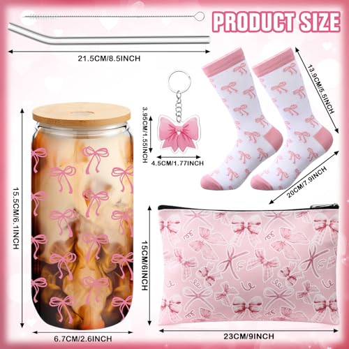 Boao 5 Pcs Pink Bow Gift Set with Glass Cup, Socks, Cosmetic Bag Keychain Coquette Stuff Thank You Gift Box for Girls Women