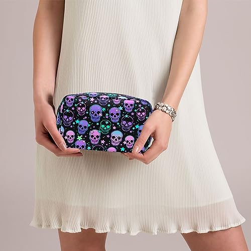 MNSRUU Small Cosmetic Bag for Girl Women Travel, Stars Purple Skulls Makeup Toiletry Organizer Bags with Compartments