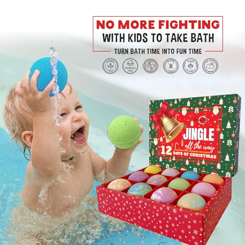 Christmas Bath Bombs for Kids with Surprise Toys Inside - Kids Advent Calendar Bathbombs - 12 Organic Bath Bombs Gift Set, Moisturizing Bubble Bath Fizzies, Stocking Stuffers Christmas Gifts for Kids