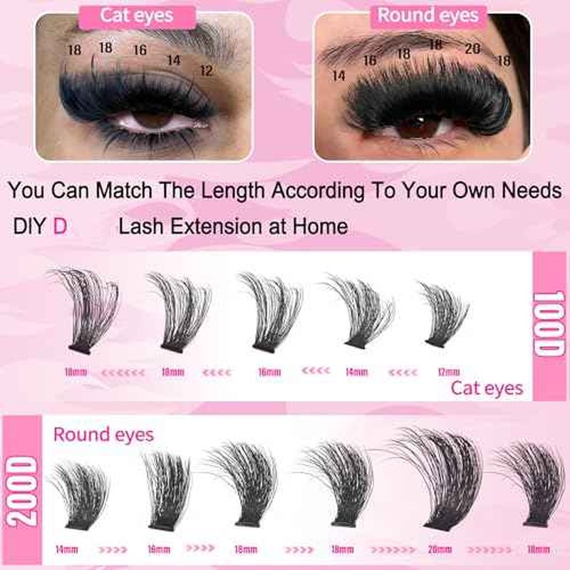 Lash Clusters 100D+200D Mega Thick Lashes Clusters 12-22mm Wispy Individual Thick Volume Lashes Cluster Eyelash Extensions 280Pcs DIY Lash Extension at Home, by Hushlibaby(Plant Fiber)