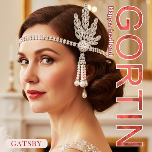 GORTIN 1920's Flapper Headband Leaf Rhiestones Headpiece Pearl Tassel Head Bands Bridal Flapper Hair Accessories Head Chain for Women (Sliver)