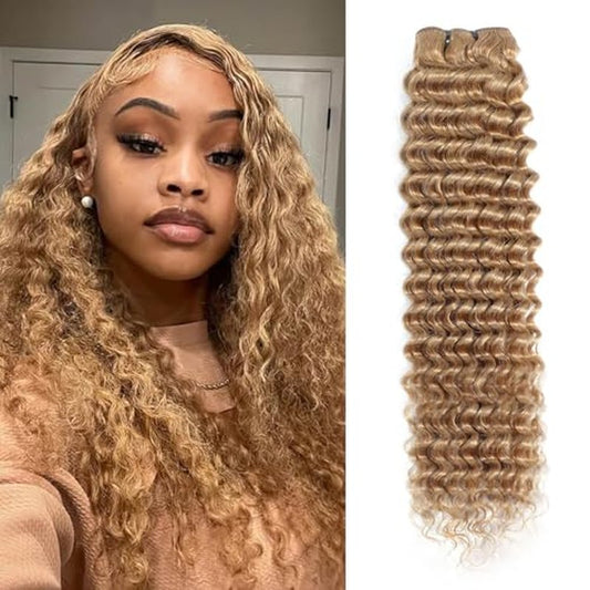 inlovwith Honey Blonde Deep Wave Human Hair Bundles, Selected Healthy Deep Curly Bundles Human Hair 27# Colored Brazilian Virgin Hair Wet and Wavy (Single Bundle, 20 Inches)