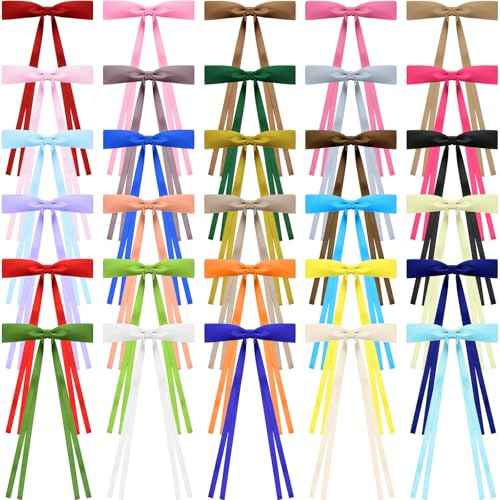 Mimorou 30 Pcs Hair Bow Clips Bulk Ribbon Bowknot Satin Tassel Hair Clips Barrettes Accessories with Long Tail for Women Girls