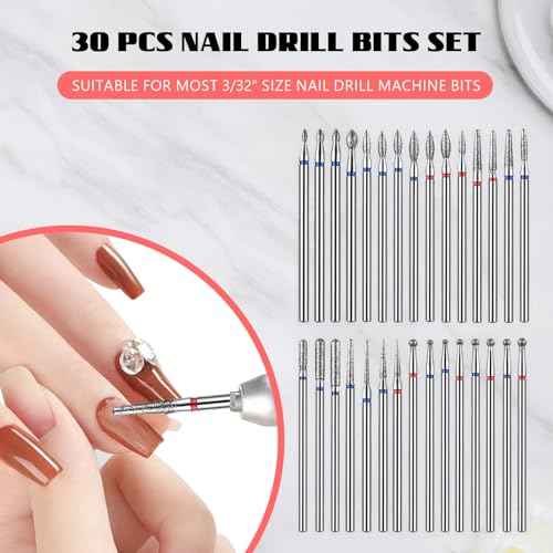 Nail Drill Bits, Diamond Cuticle Drill Bits for Electric Nail File, Cuticle Bits, Diamond Manicure Bits, Brocas para Drill Nails, 3/32 inch 30PCS Kit