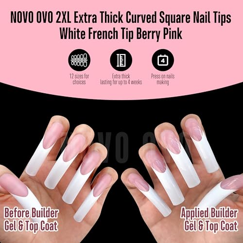 NOVO OVO XXL Curved Square White French Tip False Nail Tips Press on, BERRY PINK Full Cover Extra Thick Long XL Acrylic Hawk Curve Fake Extension Kit, Need Top Coat for Salon DIY 12 Sizes 144 pcs