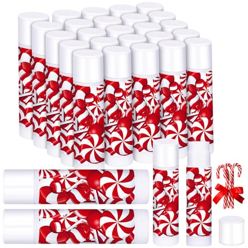 25 Pack Christmas Lip Balms Bulk Christmas Candy Peppermint Cane Scented Holiday Flavor Lip Balm Gifts Xmas Party Gifts Bulk Xmas Items Stocking Stuffers for Women Men Staff Employee (Lollipop 1)