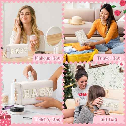 CY2SIDE MAMA Baby Letter Makeup Bag - 2PCS White MAMA and BABY Chenille Letter Patch Cosmetic Bag Pink PU Leather Patch Pouch Waterproof Portable Zipper Travel Organizer Case Xmas Gifts for Mom Women
