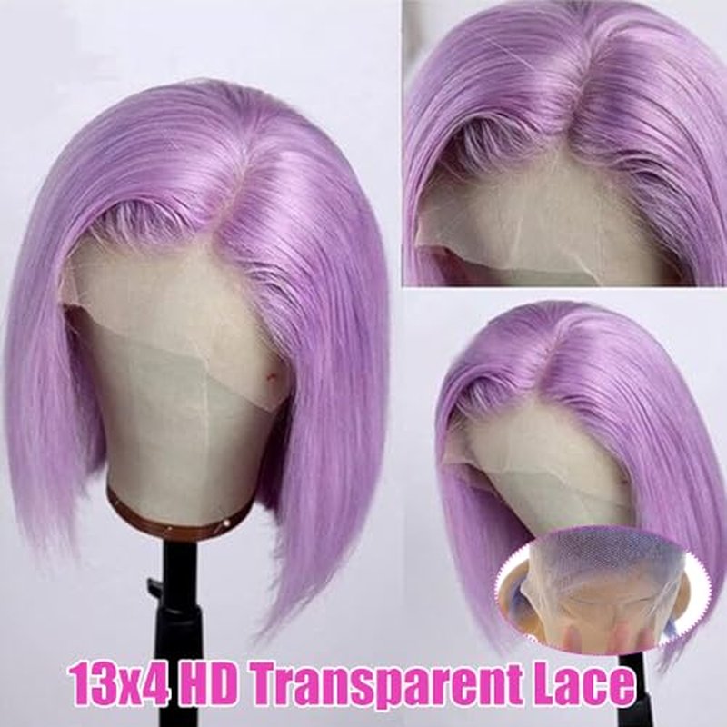 Lilac Lace Front Wigs Human Hair,13x4 Glueless HD Lace Bob Wigs Human Hair Pre Plucked Hairline with Bleached Knots Straight Brazilian Virgin Hair 10" 150% Density Purple Short Bob Wigs for Women