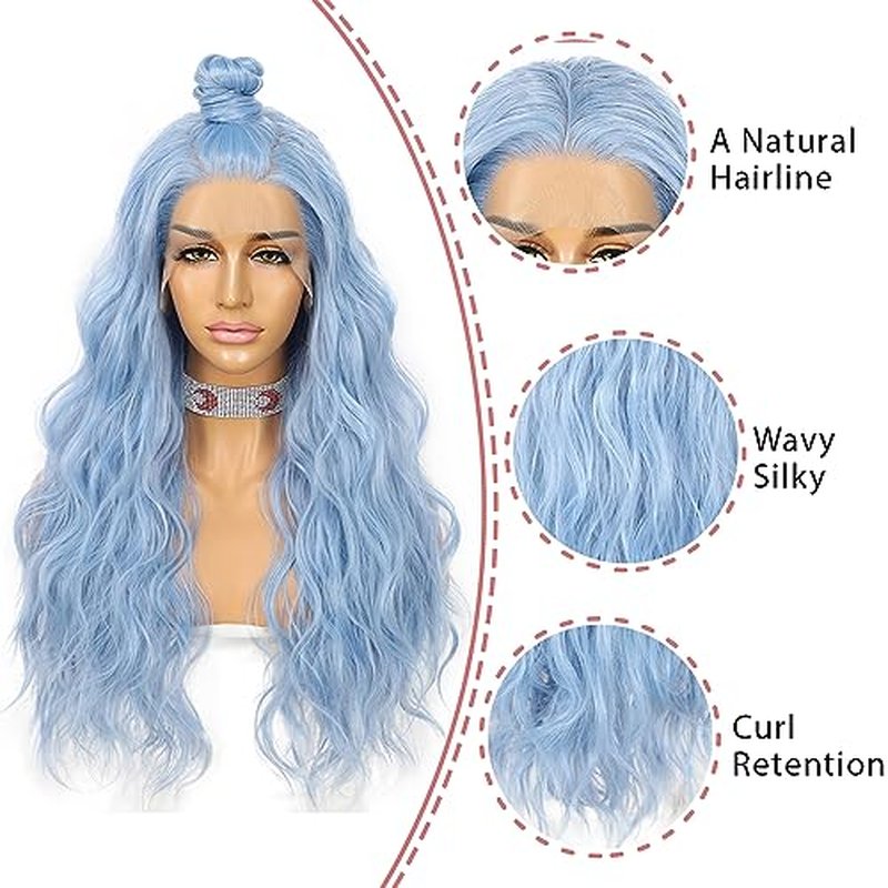 SAPPHIREWIGS Blue Wavy 13¡¿4 Lace Front Wig Long Hair Ice Blue Wigs for Women Heat Resistant Hair Daily Use Cosplay Party Halloween Wig 24inch
