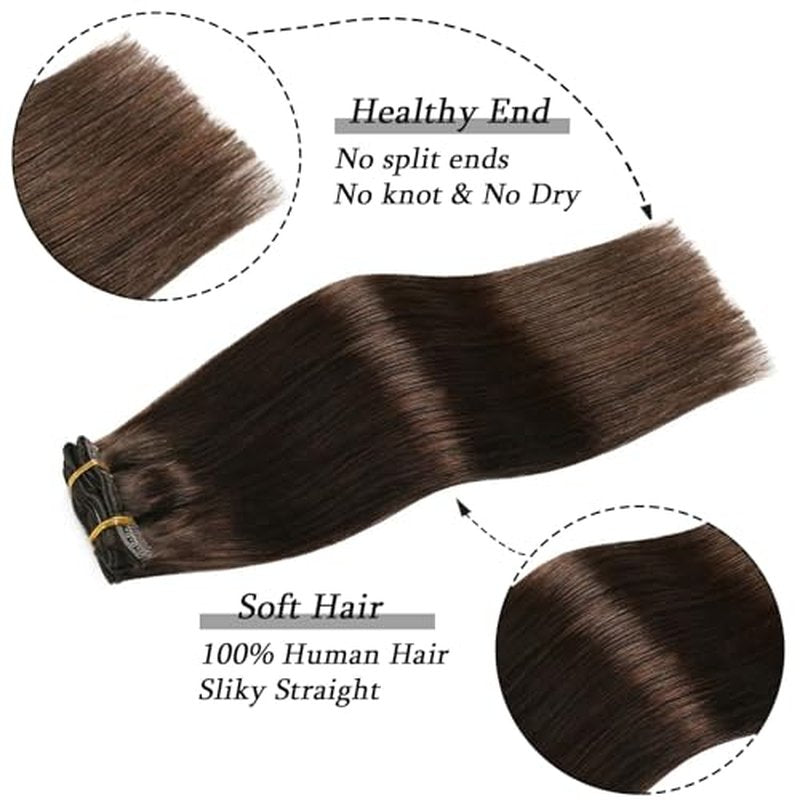 Savasana Clip in Hair Extensions Real Human Hair Straight 7 Pcs Hair Extensions Double Weft Thick Dark Brown 16 Inch 120g