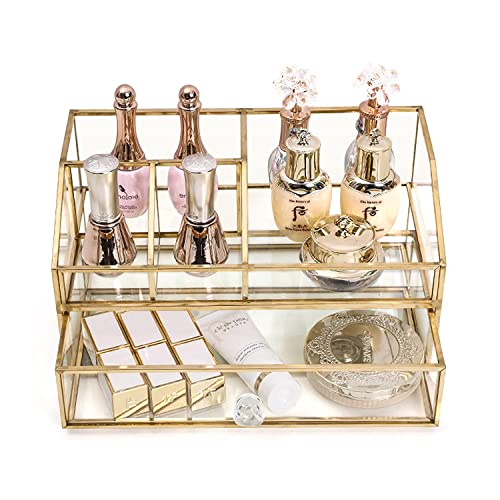 Glass Makeup Brush Holder, Makeup Brush Organizer Jewelry Display Box, Nordic Style Elegant Glass Makeup Organizer Nail Polish Lipsticks Eyeliners Holder for Vanity Bathroom Bedroom Office