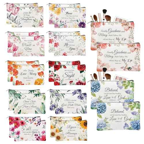 24PCS Christian Canvas Makeup Bags Bulk Inspirational Cosmetic Bags for Women Bible Verse Canvas Zipper Pouch Bulk Religious Makeup Organizer Bags Christian Gifts for Women(Flower)