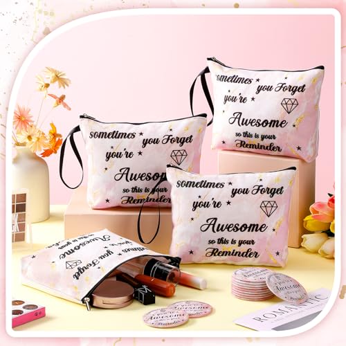Xuniea 24 Pcs Inspirational Gifts for Women Bulk 12 Motivation Canvas Makeup Bags 12 Round Portable Pocket Mirror for Team Employee Coworker Housekeeping Appreciation Thank You Gifts(Awesome)