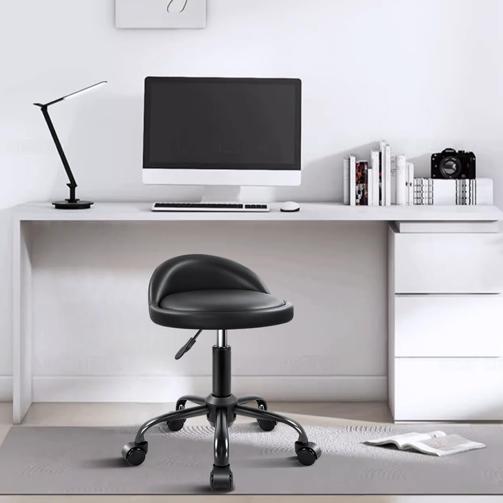 Rolling Stool with Backrest - Height Adjustable Swivel Drafting Chair | PU Leather, Small, Black