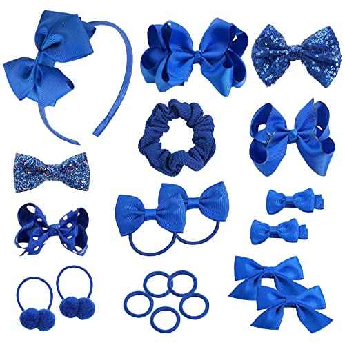 Girls School Hair Accessories - Blue Bow Clips, Elastic Hair Bands, Headband, Ribbon Barrettes for Toddlers, Kids Christmas Birthday Gift