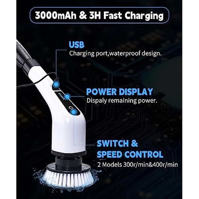 Electric Spin Scrubber Cleaning Brush: Cordless Power Shower Scrubber for Cleaning Bathroom Tub Tiles Car with Long Handle | Portable E Spin Bathtub Spinning Cleaner Scrub Brush Household Use Supplies