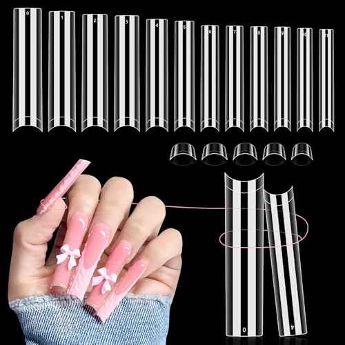 504 PCS No C Curve Clear Nail Tips for Acrylic Nails Professional, 3XL Extra Long, 12 Sizes Half Cover Straight Tapered Square French Fake Nail Tips for Nail Salons Home DIY