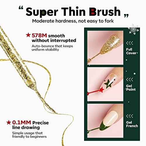modelones 6 Color Christmas Gel Polish Nail Art Liner Set White Red Green Brown Glod Silver Glitter Sparkle for French Tip Swirl Nails with Thin Brush Soak Off Winter Holiday Manicure Gift for Women