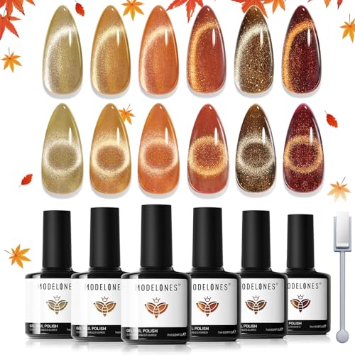 modelones Cat Eye Fall Gel Nail Polish Set 6 Colors Yellow Gold Orange Brown Nude Glitter 9D Cat Eye Gel Polish Halloween Maple Gel Polish with Magnet Soak Off Led Nail Art DIY Salon Gifts For Women