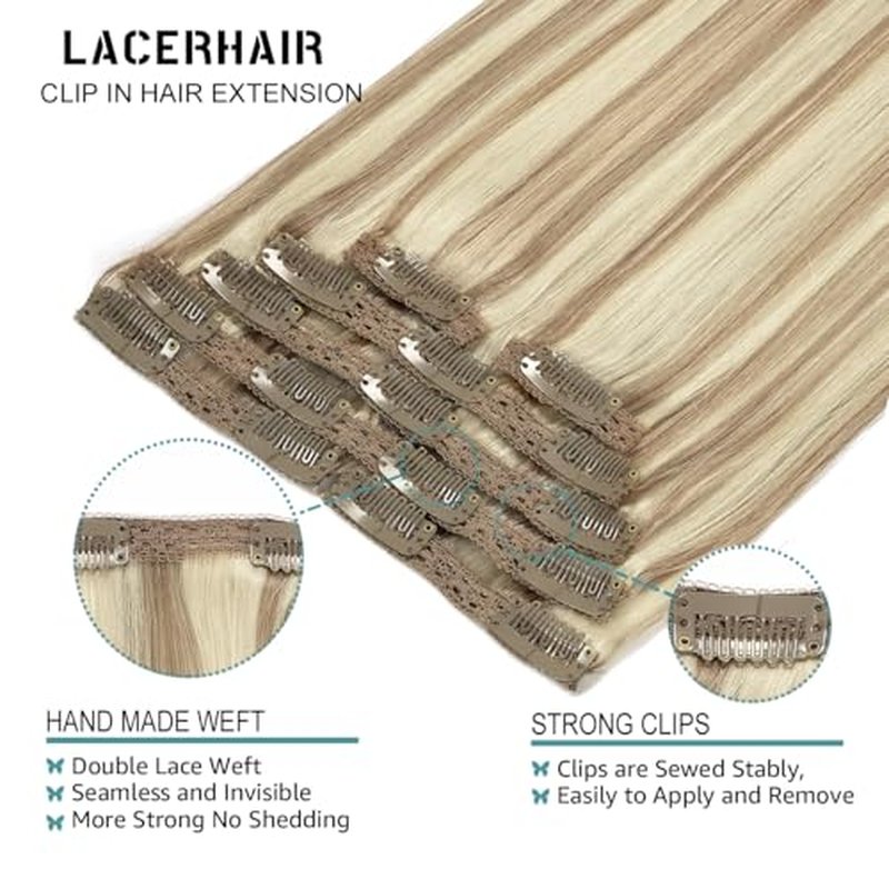 Lacer Clip In Hair Extensions Real Human Hair Soft Virgin Light Brown Highlighted Platinum Blonde Human Hair Clip in Extensions Thick Full Head 120g 7 Pieces 18 Inch