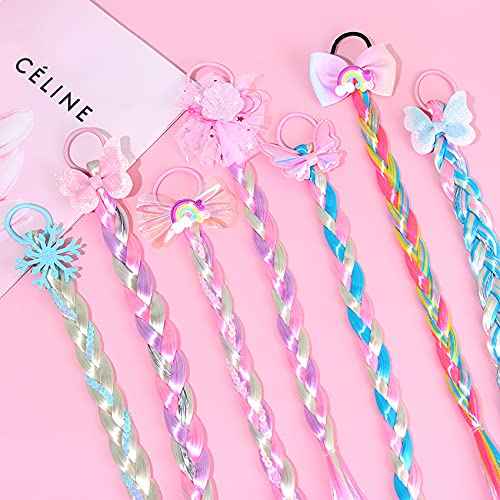 8 Pieces Colored Braids Hair Extensions with Rubber Bands Ponytails Hair Bows Rainbow Color Synthetic Hairpieces Glitter Braided Hair Extensions for Women Kids Girls Party Highlights Cosplay Dress Up