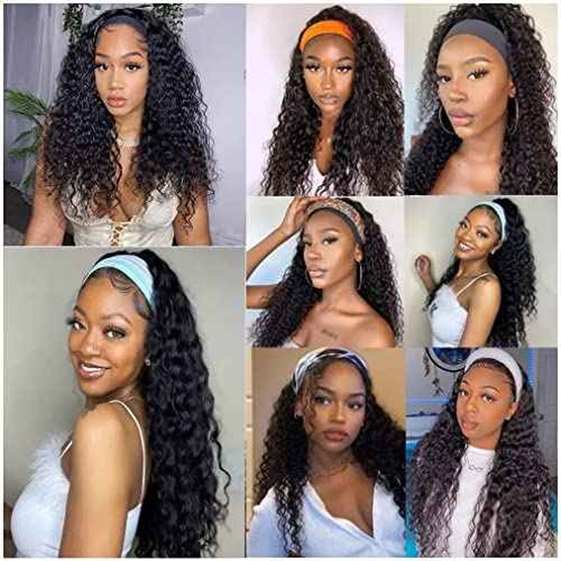 Deep Wave Headband Wig Human Hair Curly Headband Wigs for Black Women Human Hair 28 Inch Glueless None Lace Front Wig Brazilian Virgin Hair Wear and Go Wigs 150% Density Natural Black Color