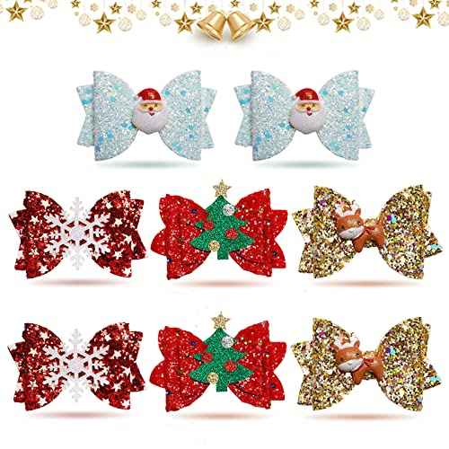 8pcs Christmas Hair Clip Glitter Sequined Christmas Santa Bow Clips Christmas Tree, Snowflower Elk Bow Hair Barrettes Hairpin Christmas Tree Accessories Christmas Birthday Gifts for Girls Women Toddlers