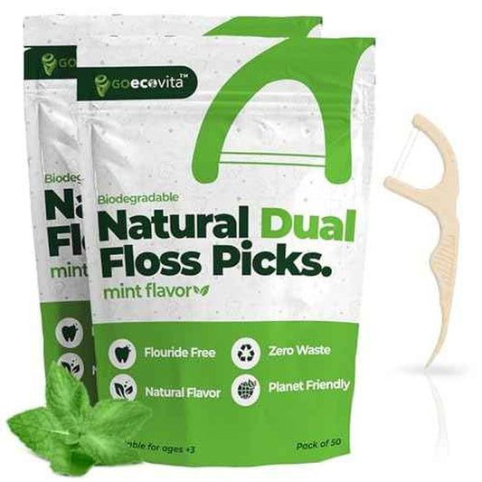 Biodegradable Dual Thread Floss Picks - Natural Straw Wheat Handle | Tight Gap Dental Flossers for Adults | Gentle on Gums & Teeth | Eco Friendly, Vegan, Natural (100 Pack, Mint)