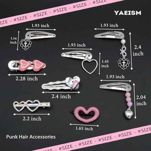 10PCS Heart Hair Clips Y2K Silver Hair Clips Metal Dangle Heart Gothic Barrettes 8 Shapes Cross Punk Hair Accessories for Women