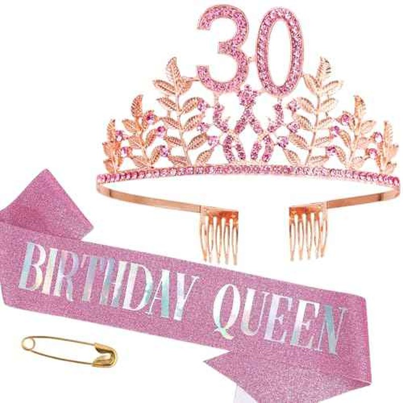 Birthday Sash Tiara Birthday Tiara Rhinestone Crown Rose Gold Birthday Queen Tiara Sash and Tiara for Women Birthday Decor Princess Tiara Cake Topper Crystals Hair Accessories for Party